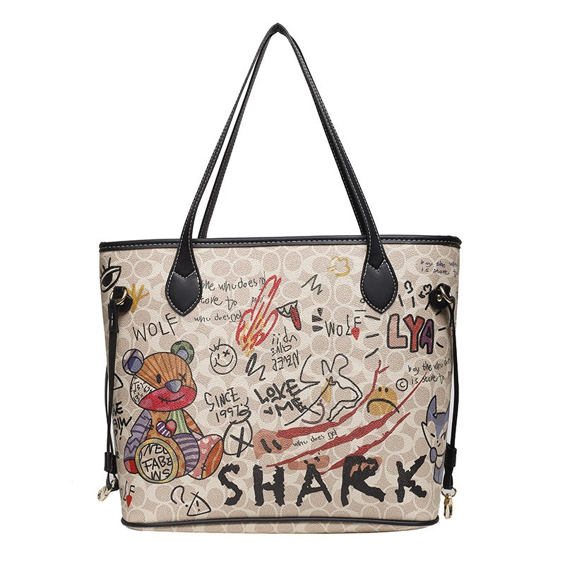 Cartoon bear soft leather graffiti printing tote bag new handbag large capacity shoulder bag