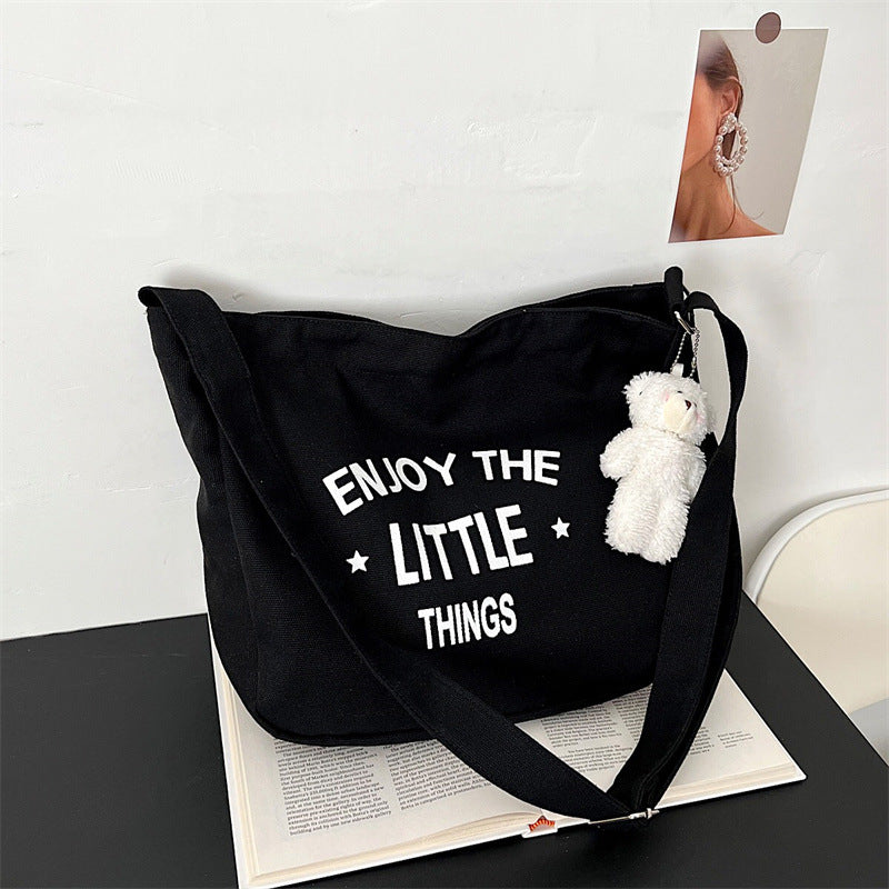 Simple Literary Canvas Bag Ins College Korean Style Women's Bag Large Capacity Shopping Bag Casual Shoulder Messenger Bag