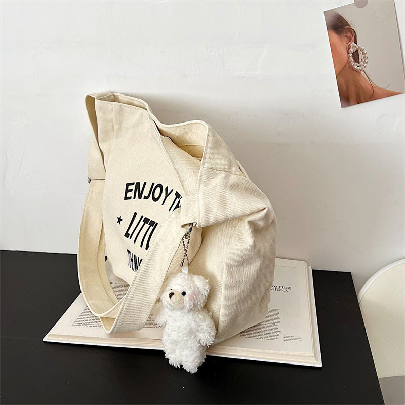 Simple Literary Canvas Bag Ins College Korean Style Women's Bag Large Capacity Shopping Bag Casual Shoulder Messenger Bag