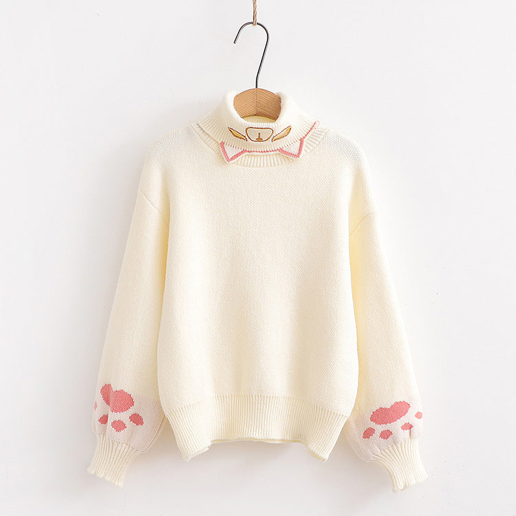Women's Autumn Half Turtleneck Kitten Embroidered Knit Sweater