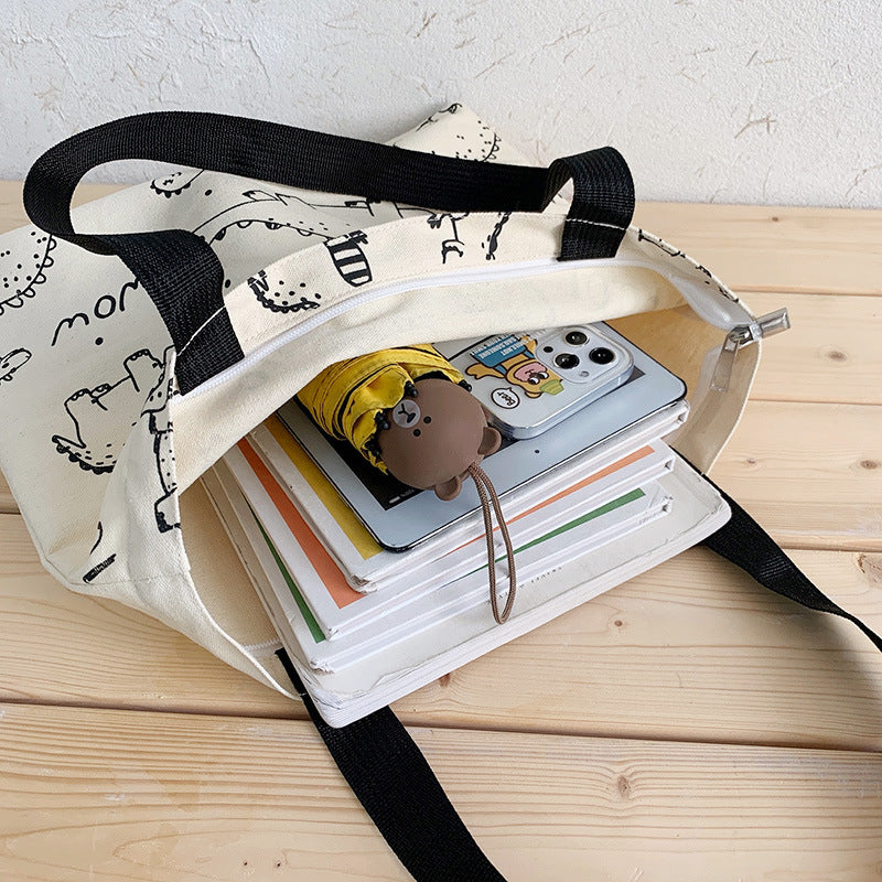 New Cute Canvas Women's Bag Printing Graffiti Hand-Held Student Cloth Bag Shoulder Bag Shopping Bag