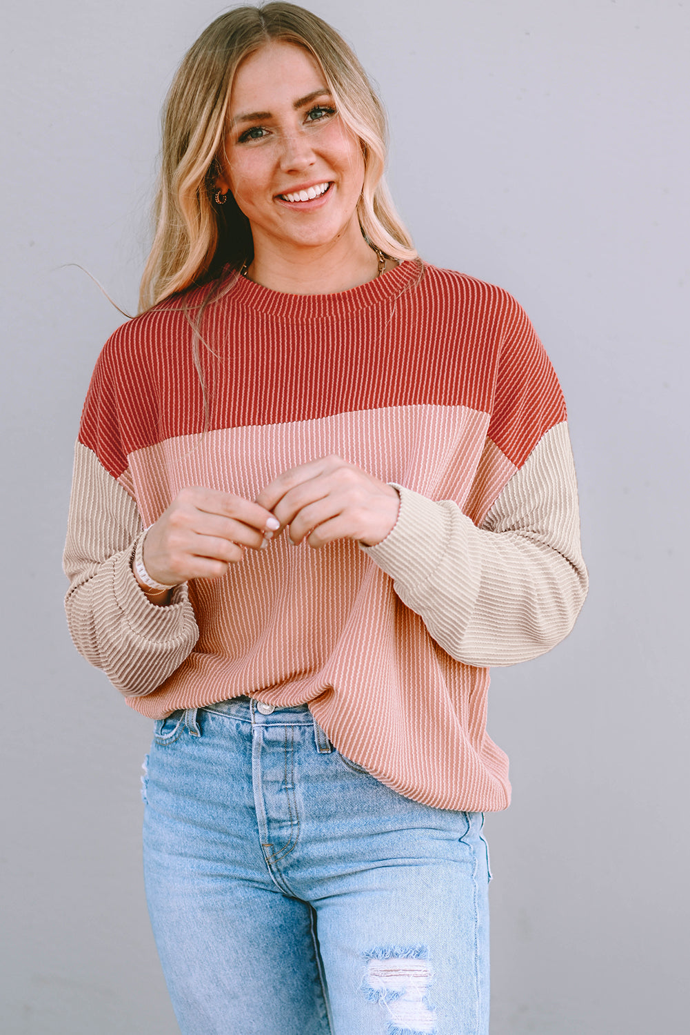 Red Color Block Long Sleeve Ribbed Loose Top