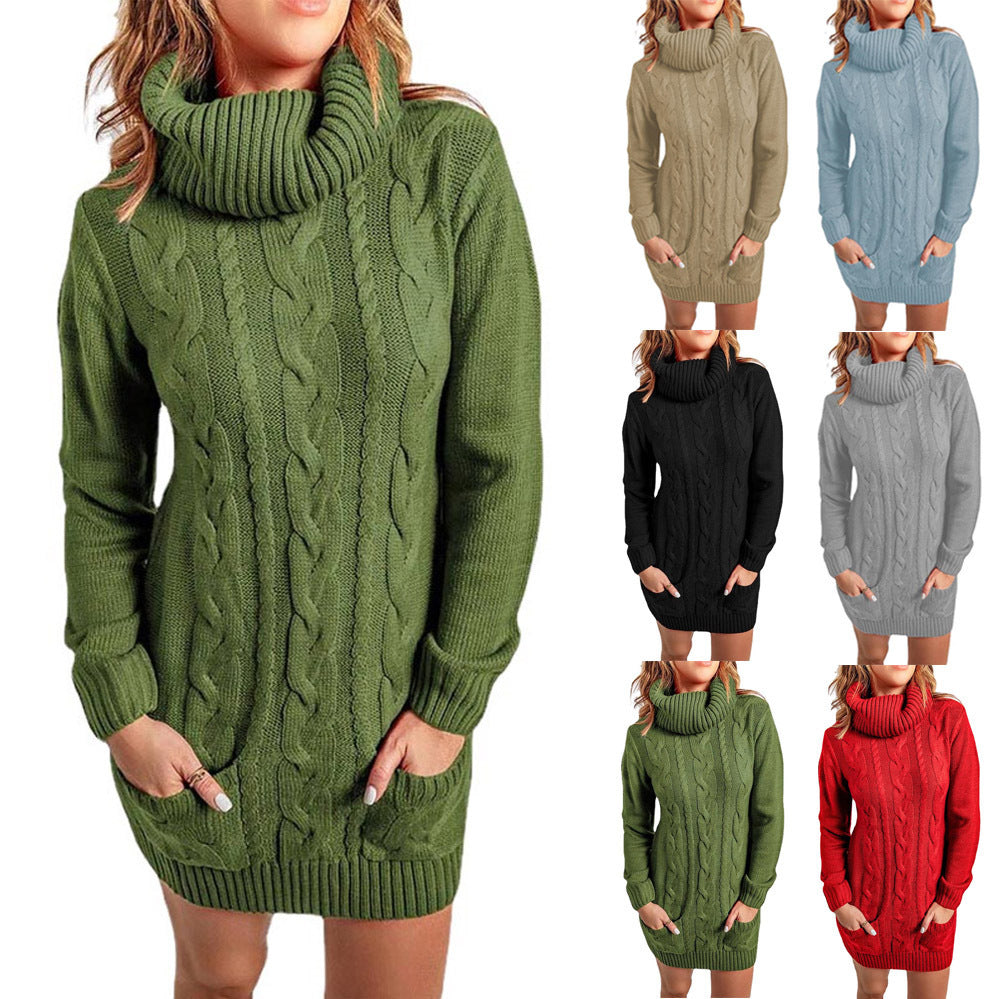 Autumn Winter Turtleneck Round Neck Knitted Dress Sweater
