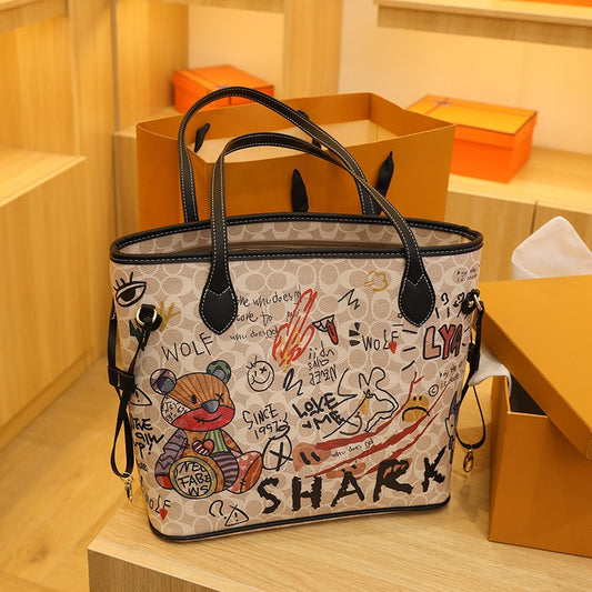 Cartoon bear soft leather graffiti printing tote bag new handbag large capacity shoulder bag