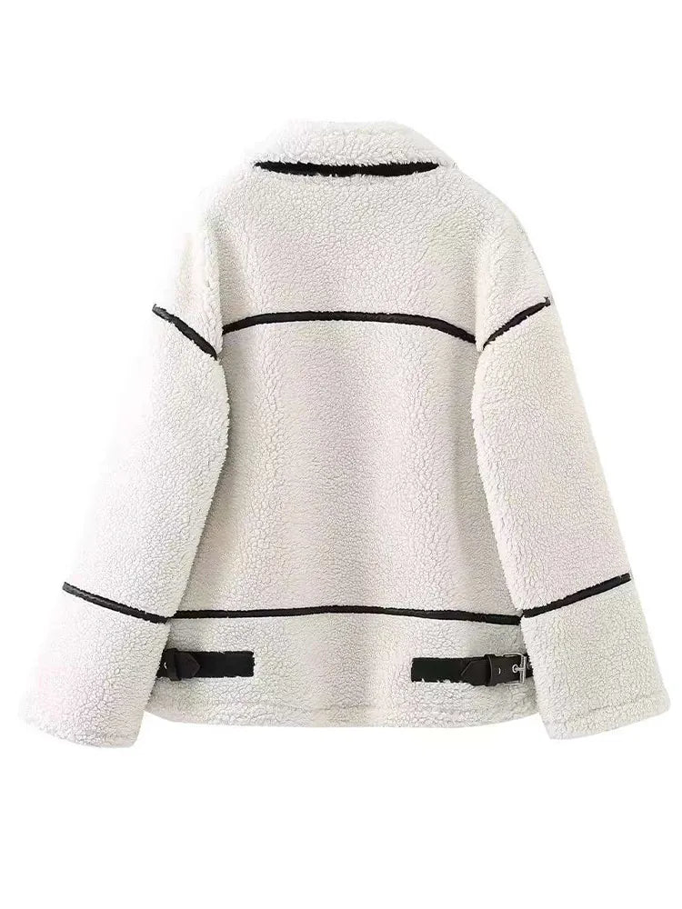 Panelled Versatile Lamb Plush Coat for Women Thicken Long Sleeve Zippers Turn-Down Collar Female Jacket Autumn Winter Lady Coats