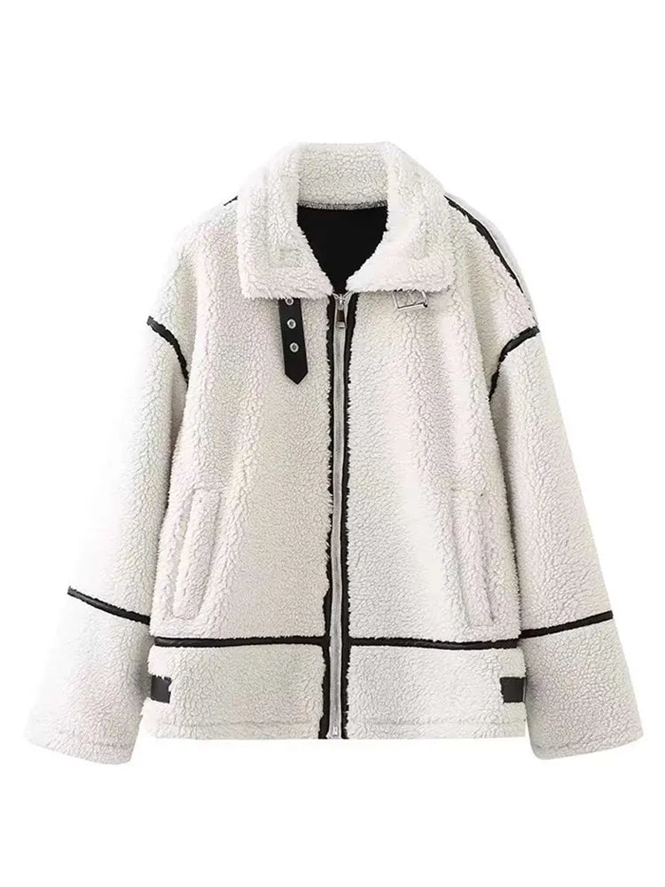 Panelled Versatile Lamb Plush Coat for Women Thicken Long Sleeve Zippers Turn-Down Collar Female Jacket Autumn Winter Lady Coats