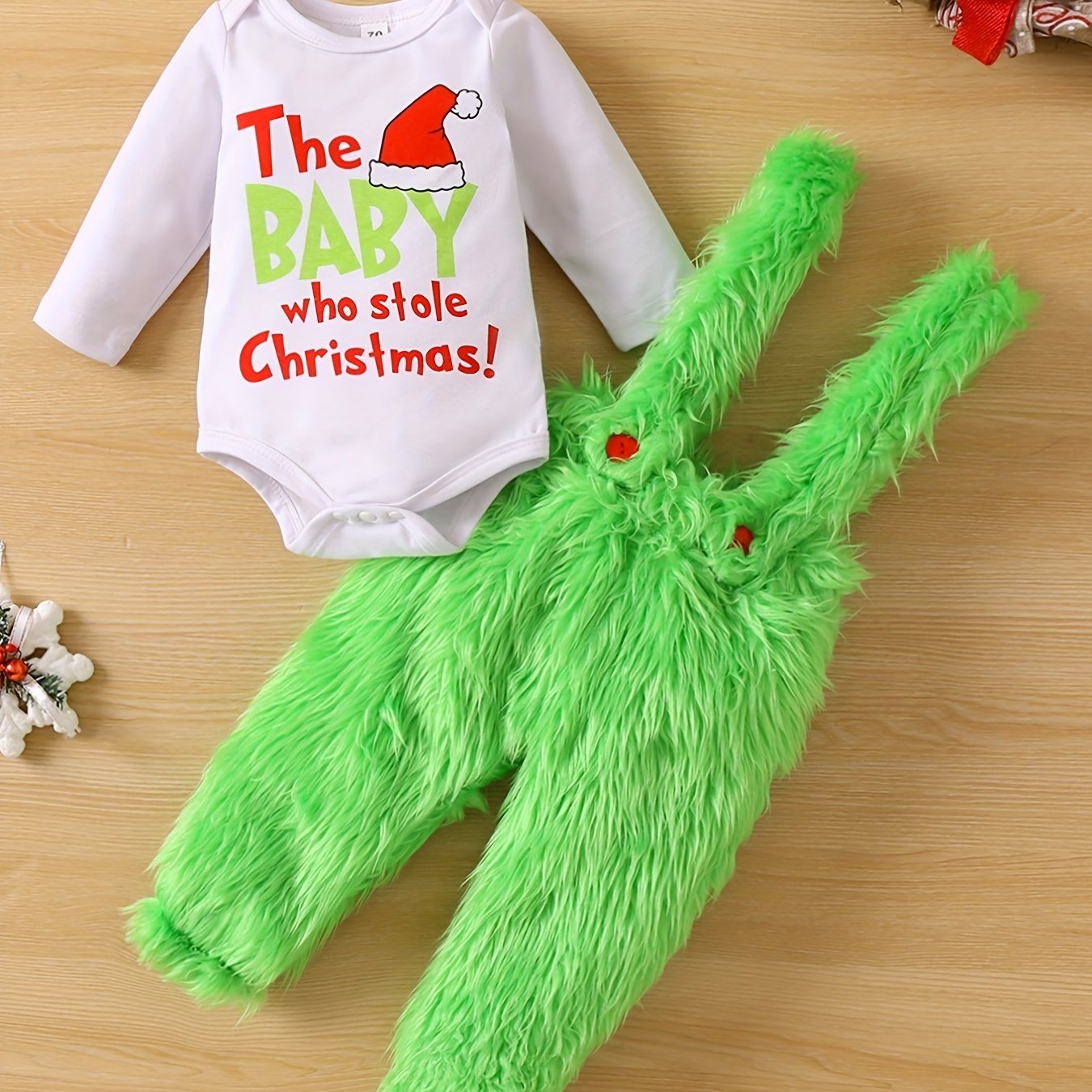 Adorable Baby Christmas Outfit - Funny Graphic Crew Neck Long Sleeve Romper + Green Fuzzy Suspender Pants Clothes Set
